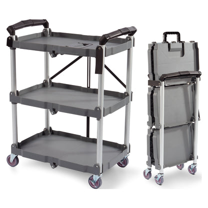 Elevon Service Cart Portable Utility 3 Tier Collapsible Shelving Unit, Gray