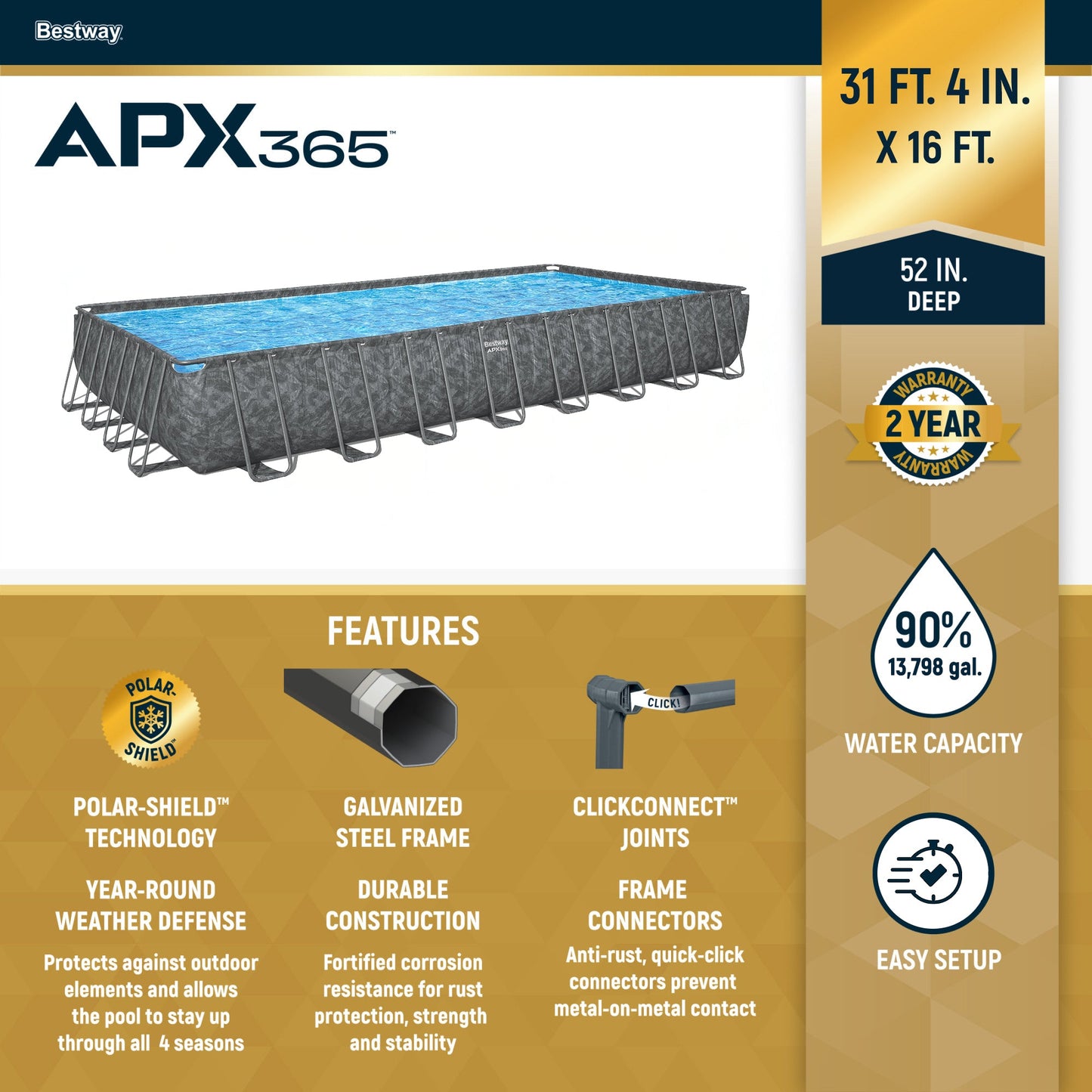 Bestway APX 365 31'4" x 16' x 52" Rectangular Above Ground Swimming Pool Set