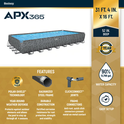 Bestway APX 365 31'4" x 16' x 52" Rectangular Above Ground Swimming Pool Set