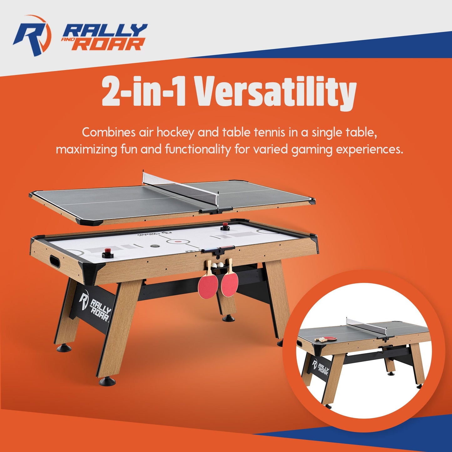 Rally and Roar 72'' Air Powered Hockey Arcade Game Table with Table Tennis Conversion Top