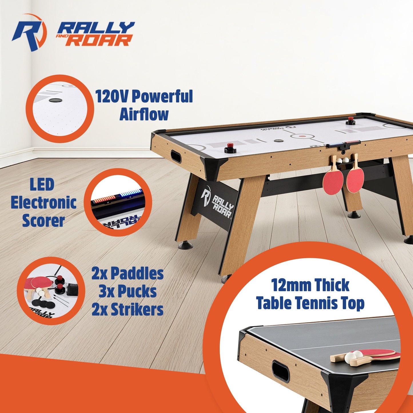 Rally and Roar 72'' Air Powered Hockey Arcade Game Table with Table Tennis Conversion Top