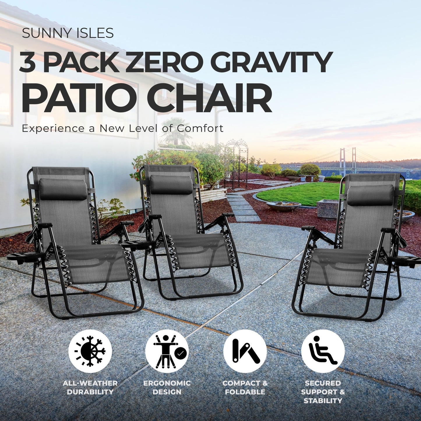 Four Seasons Courtyard Sunny Isles XL Zero Gravity Outdoor Chairs, 3 Pack, Black