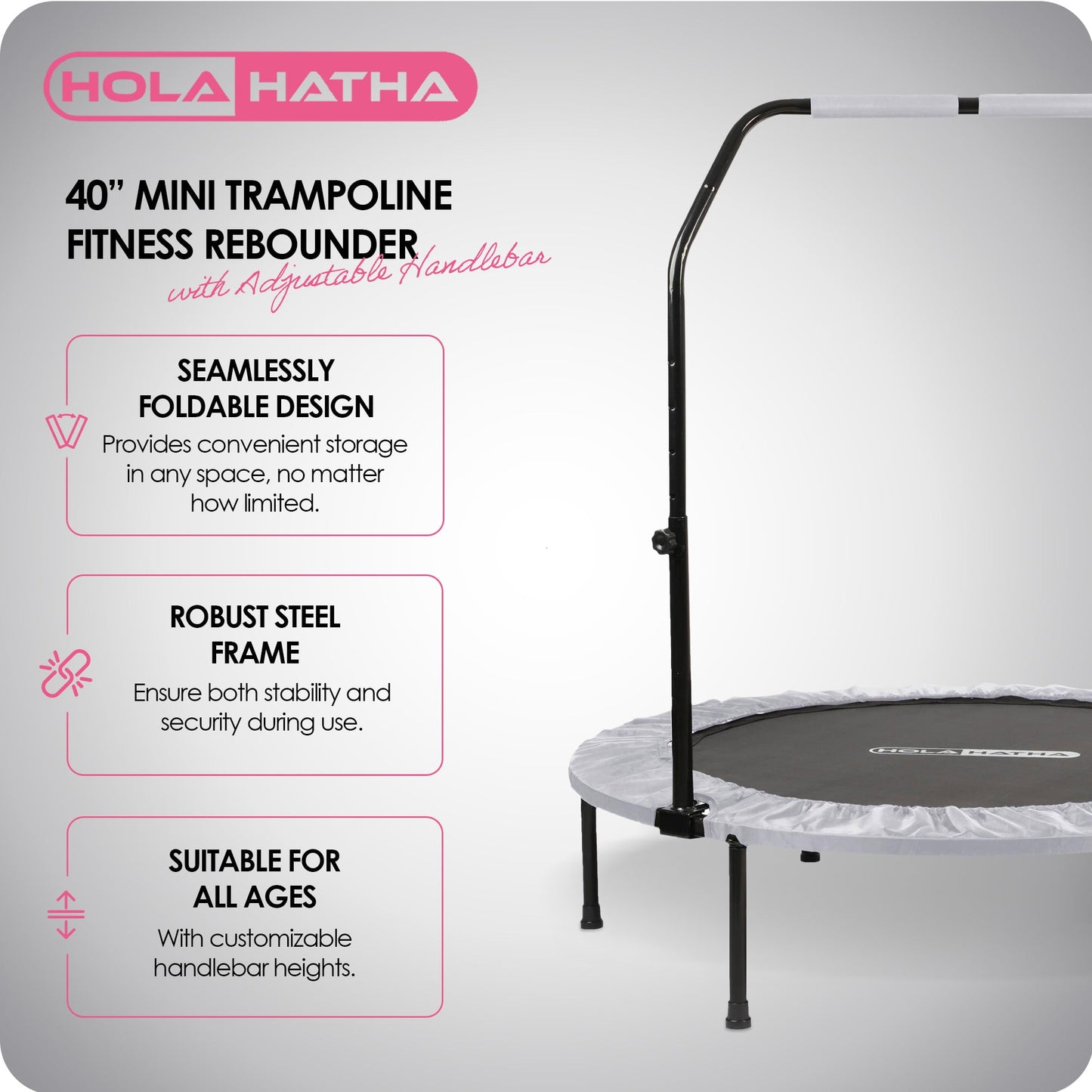 HolaHatha Foldable Mini Fitness Trampoline with Adjustable Handle, 40 in., White