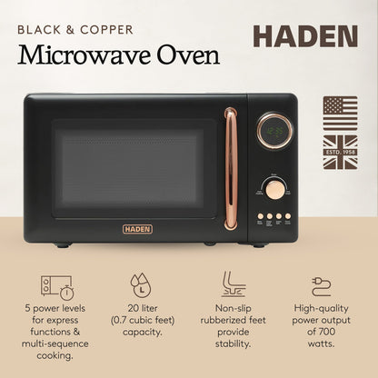 Haden 700 Watt 0.7 Cubic Foot Microwave Oven with Digital Controls, Black/Copper