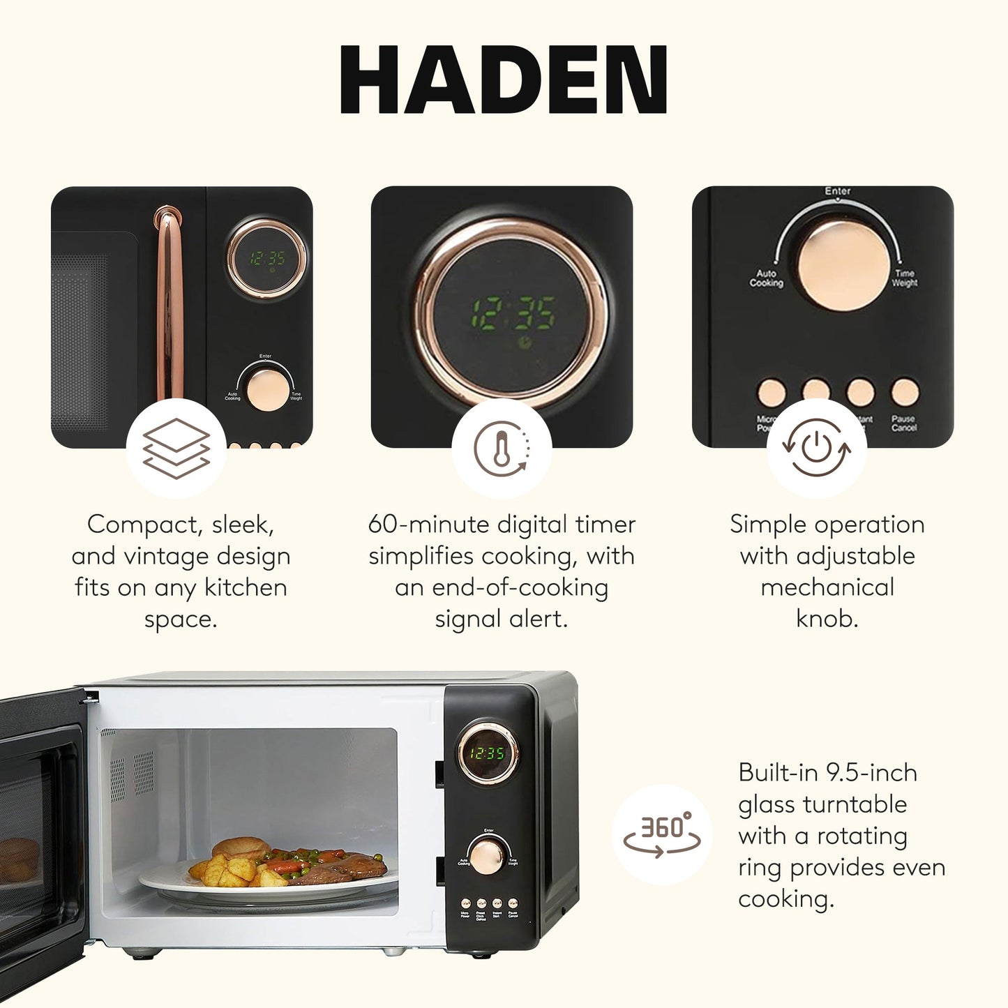 Haden 700 Watt 0.7 Cubic Foot Microwave Oven with Digital Controls, Black/Copper