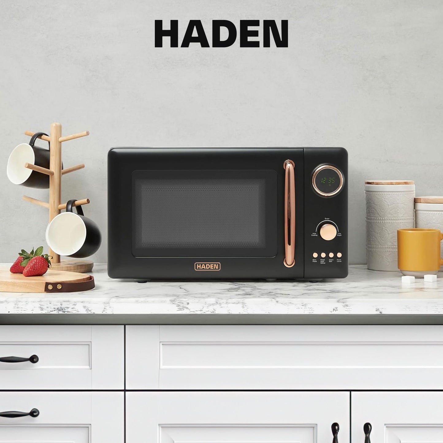 Haden 700 Watt 0.7 Cubic Foot Microwave Oven with Digital Controls, Black/Copper