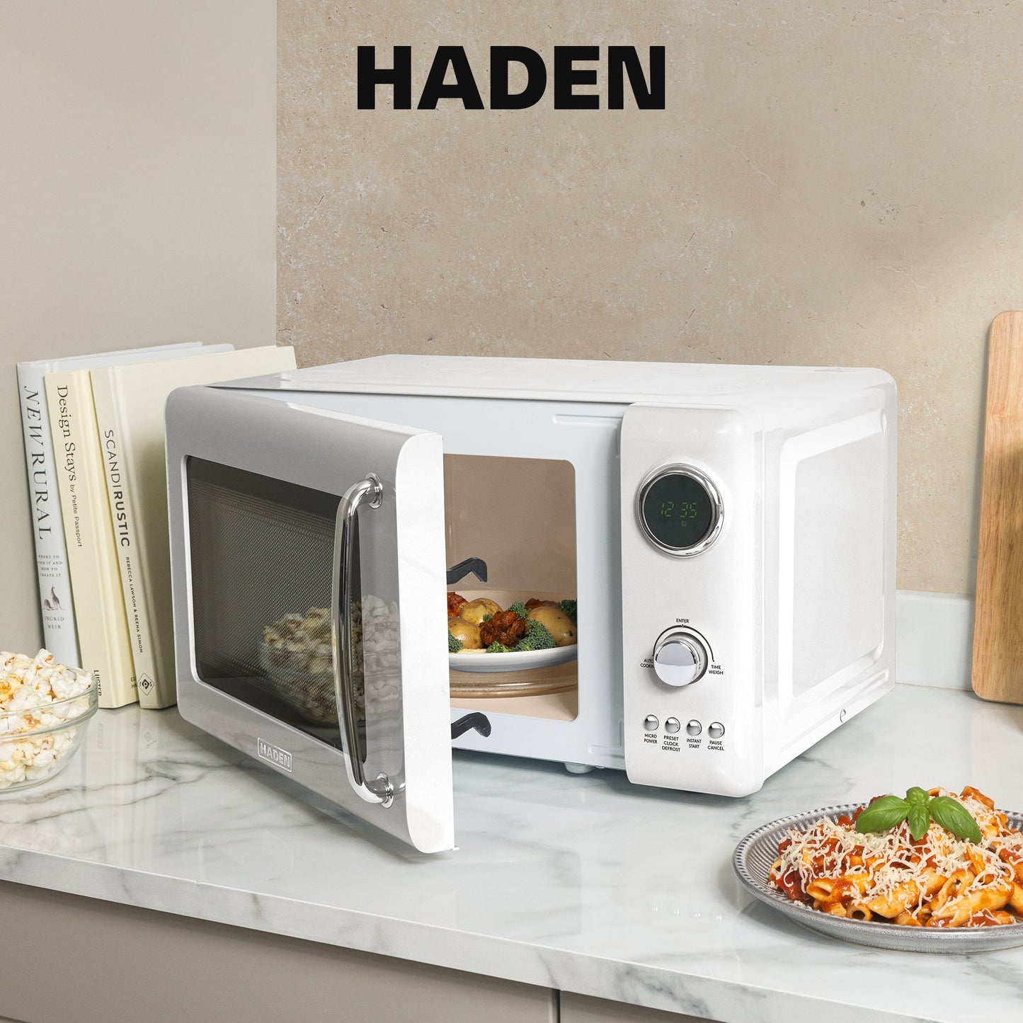Haden 700 Watt 0.7 Cubic Foot Microwave Oven with Digital Controls, Ivory/Chrome