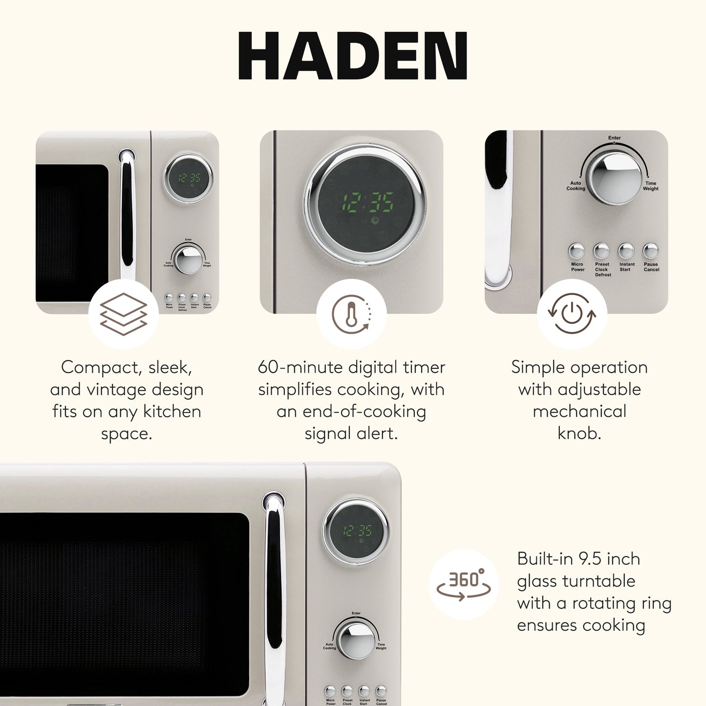 Haden 700 Watt 0.7 Cubic Foot Microwave Oven with Digital Controls, Putty/Chrome