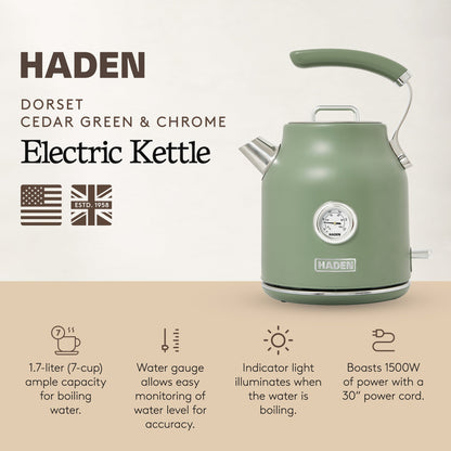 Haden Dorset 1.7 Liter Electric Water Kettle with 360-Degree Base, Cedar Green