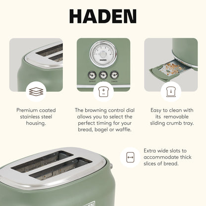 Haden Dorset 2 Slice Wide Slot Stainless Steel Toaster, Cedar Green & Chrome