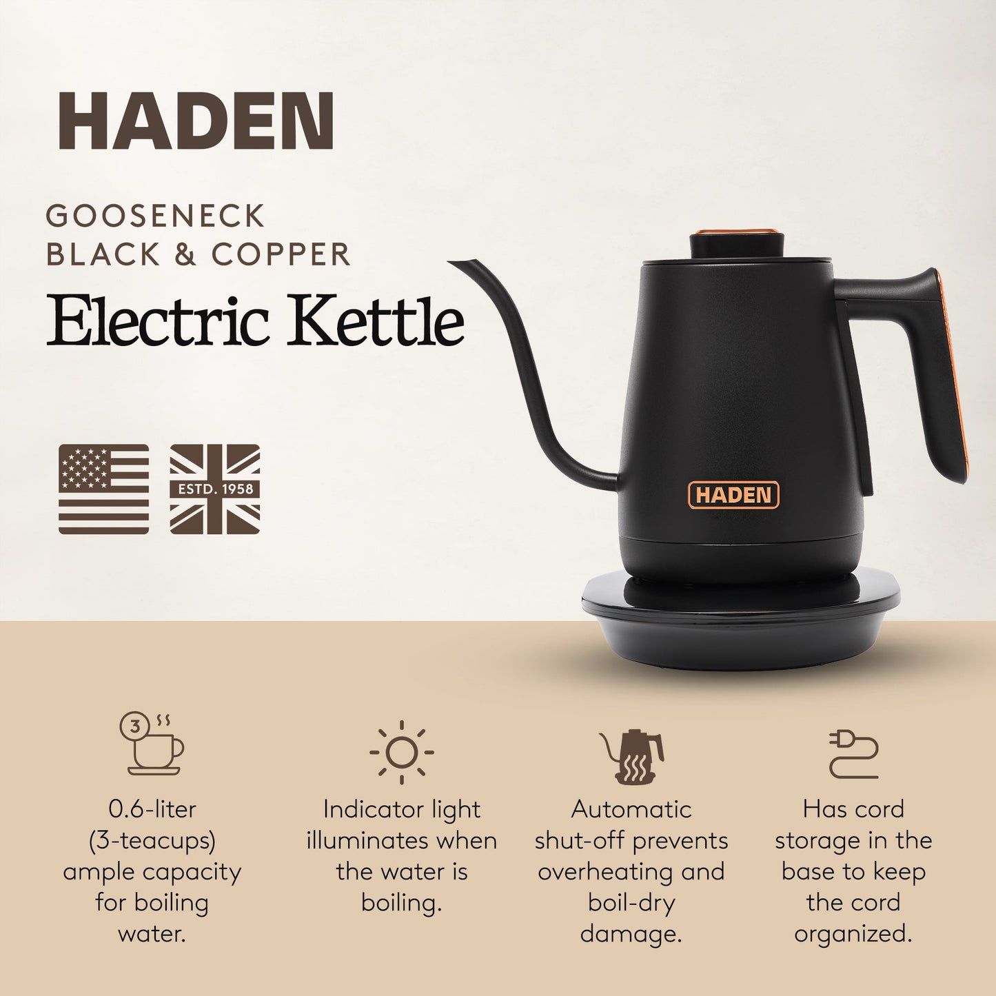 Haden Electric Tea Kettle, Gooseneck Hot Water Boiler, 0.6L Teapot, Black/Copper
