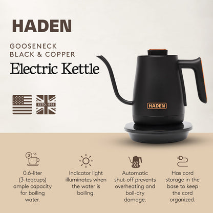 Haden Electric Tea Kettle, Gooseneck Hot Water Boiler, 0.6L Teapot, Black/Copper