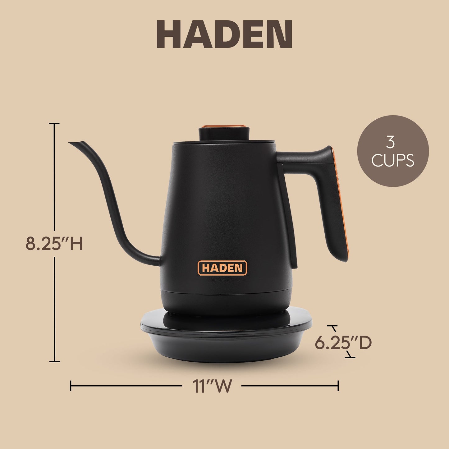 Haden Electric Tea Kettle, Gooseneck Hot Water Boiler, 0.6L Teapot, Black/Copper