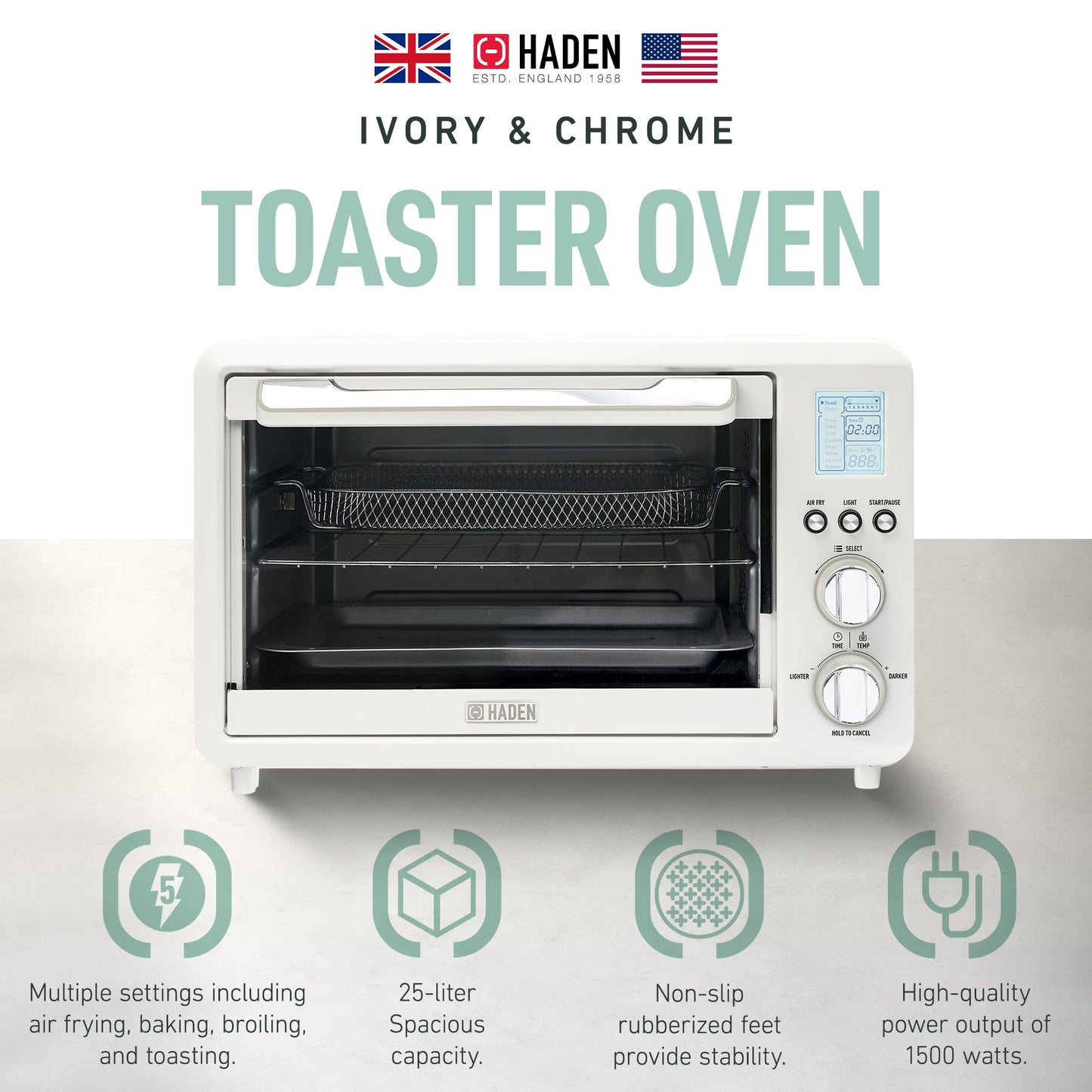 Haden Countertop 6 Slice Toaster Oven Air Fryer Combo for Kitchen, Ivory/Chrome