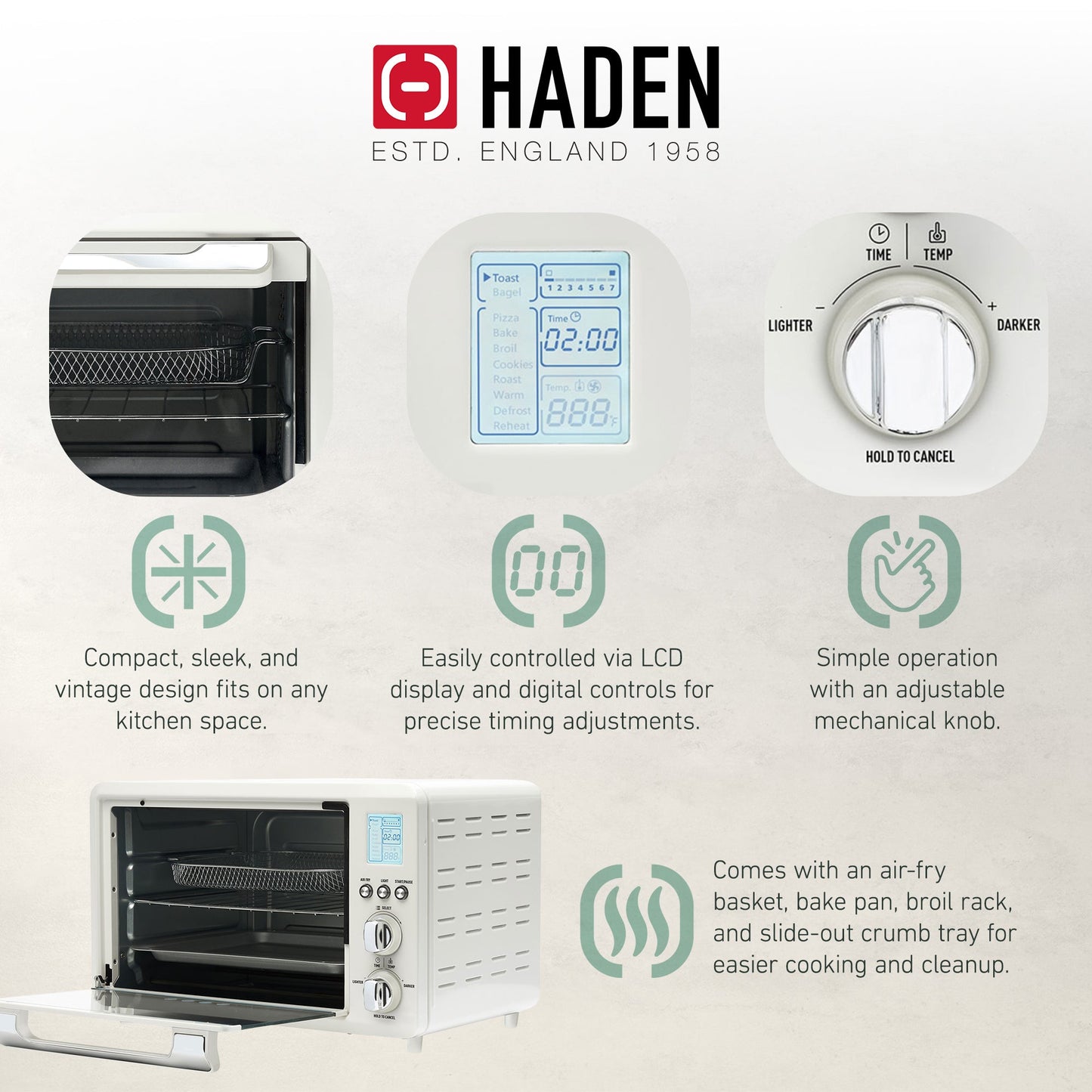 Haden Countertop 6 Slice Toaster Oven Air Fryer Combo for Kitchen, Ivory/Chrome