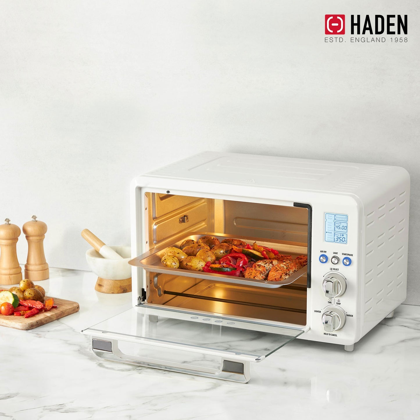 Haden Countertop 6 Slice Toaster Oven Air Fryer Combo for Kitchen, Ivory/Chrome