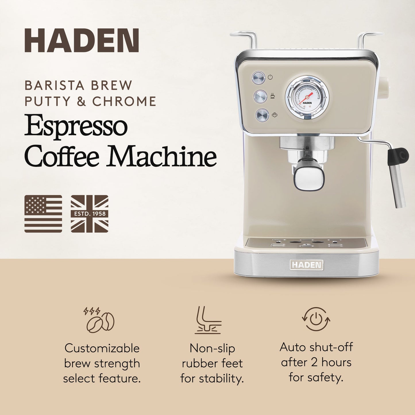 Haden Barista Brew Espresso Coffee Machine 20-Bar Espresso Maker, Putty & Copper