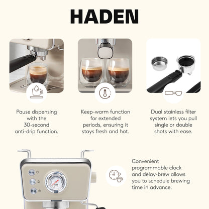 Haden Barista Brew Espresso Coffee Machine 20-Bar Espresso Maker, Putty & Copper