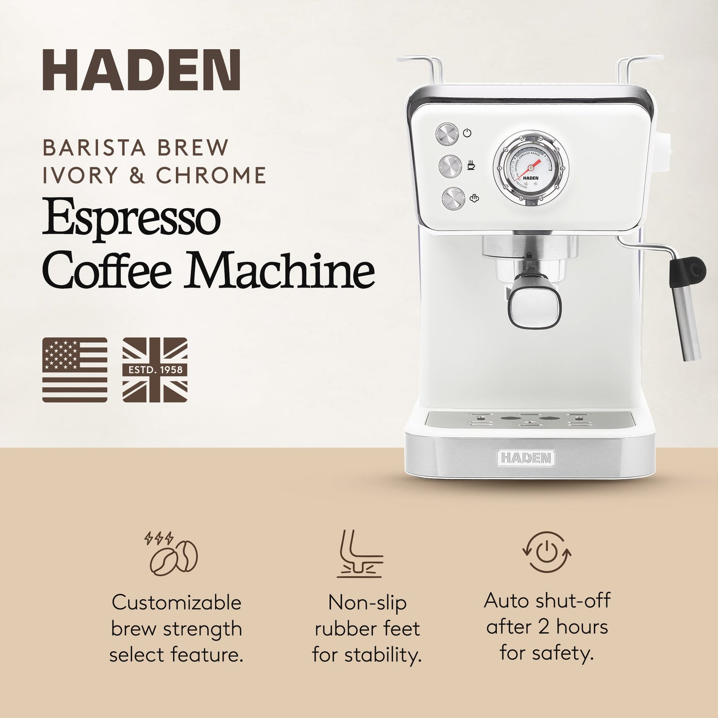 Haden Barista Brew Espresso Coffee Machine 20-Bar Espresso Maker, Ivory & Copper