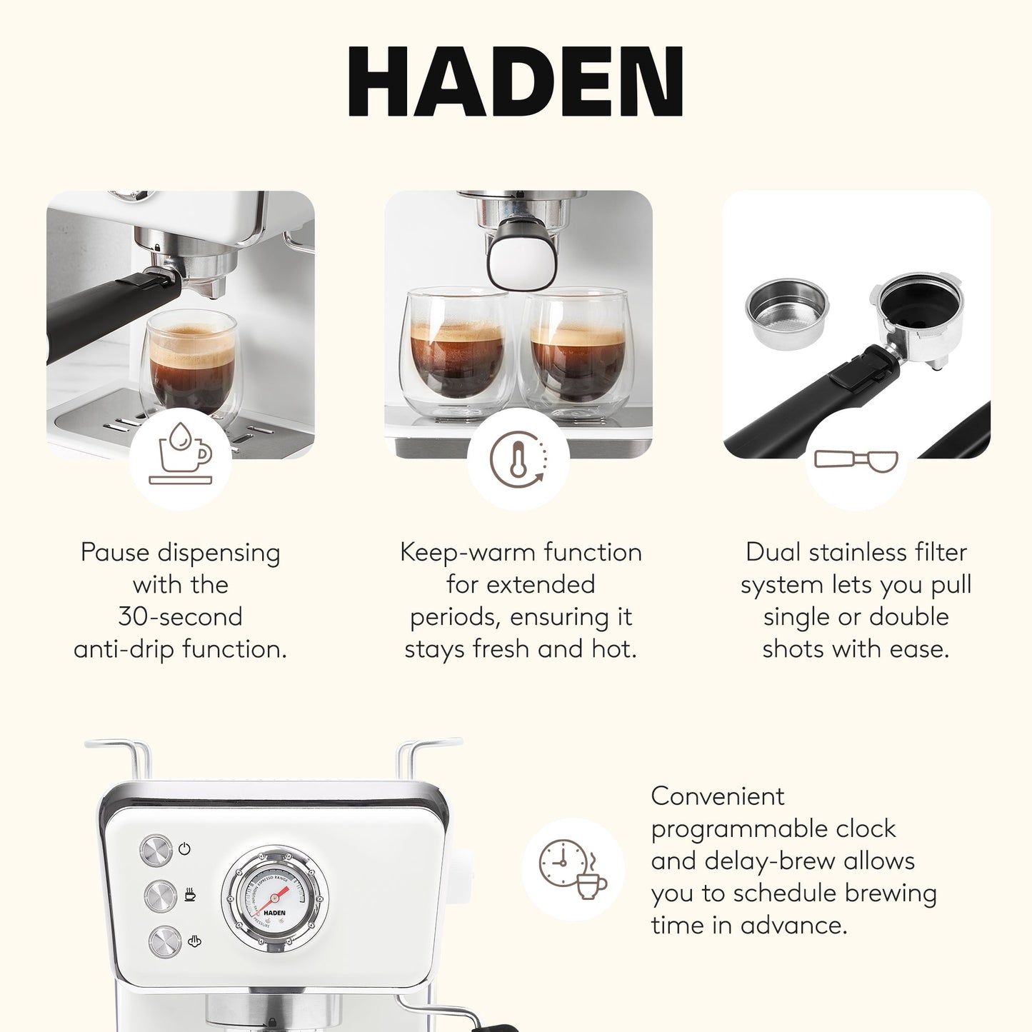 Haden Barista Brew Espresso Coffee Machine 20-Bar Espresso Maker, Ivory & Copper