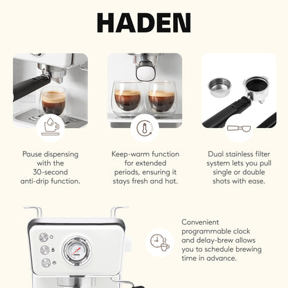 Haden Barista Brew Espresso Coffee Machine 20-Bar Espresso Maker, Ivory & Copper