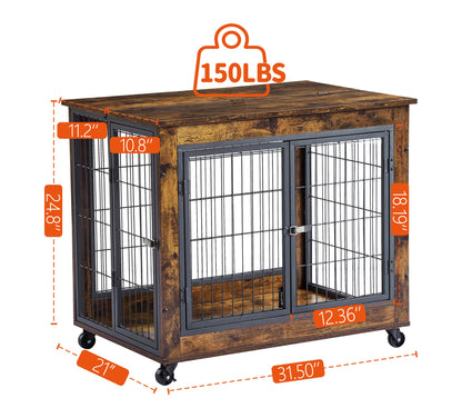 Furniture Style Dog Crate Side Table on Wheels with Double Doors and Lift Top. Grey, 31.50" W x 22.05" D x 25" H.