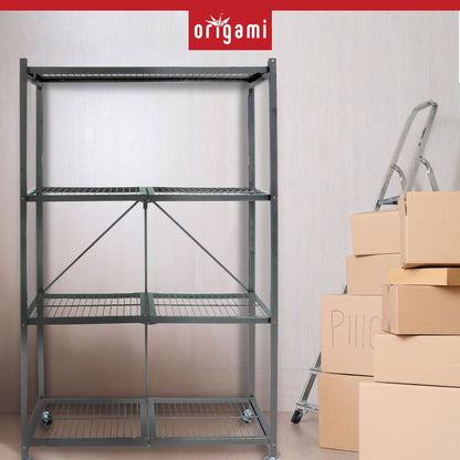 Origami 4 Tier Folding Storage Rack w/ Set of 4 Magnetic Wire Shelf Liners, Gray