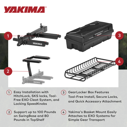 Yakima EXO SwingBase, GearLocker Box, TopShelf Rack and GearWarrior Basket Mount