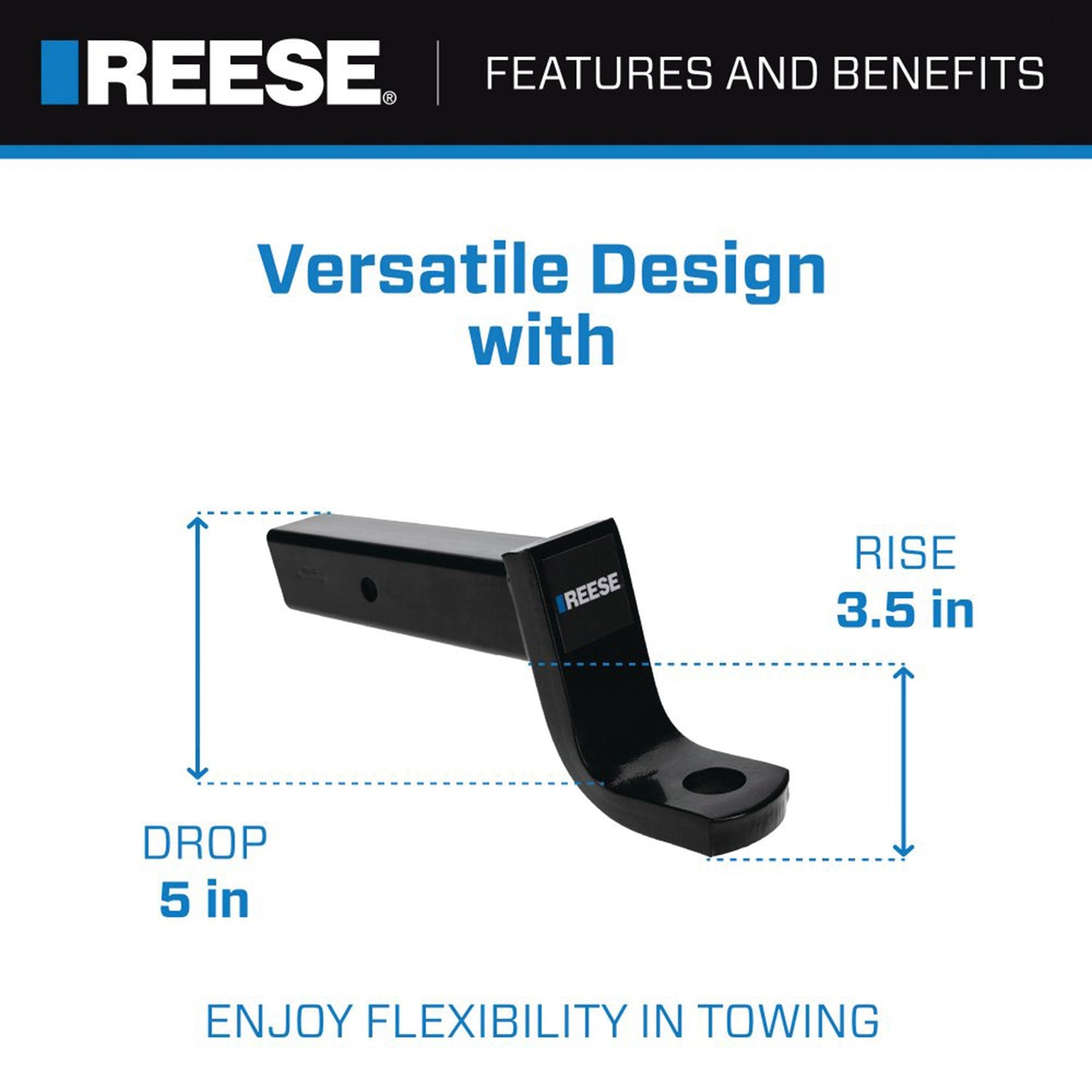 REESE Trailer Hitch Ball Mount, Fits 2.5" Receiver, 5" Drop, 13,000 lbs, Black