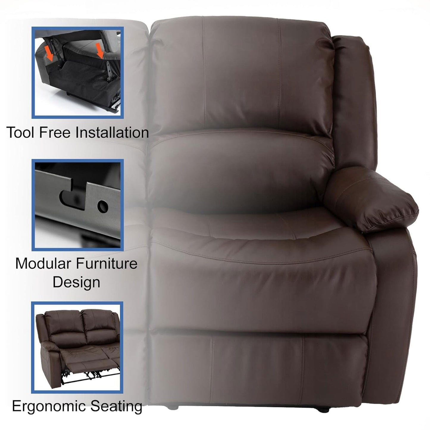 RecPro Charles 58 Inch Recliner Sofa RV Faux Leather Lounge Furniture, Mahogany