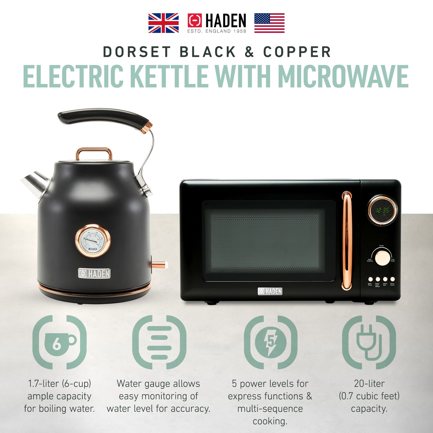 Haden 700W Countertop Microwave & Dorset 1.7L Electric Kettle, Black & Copper