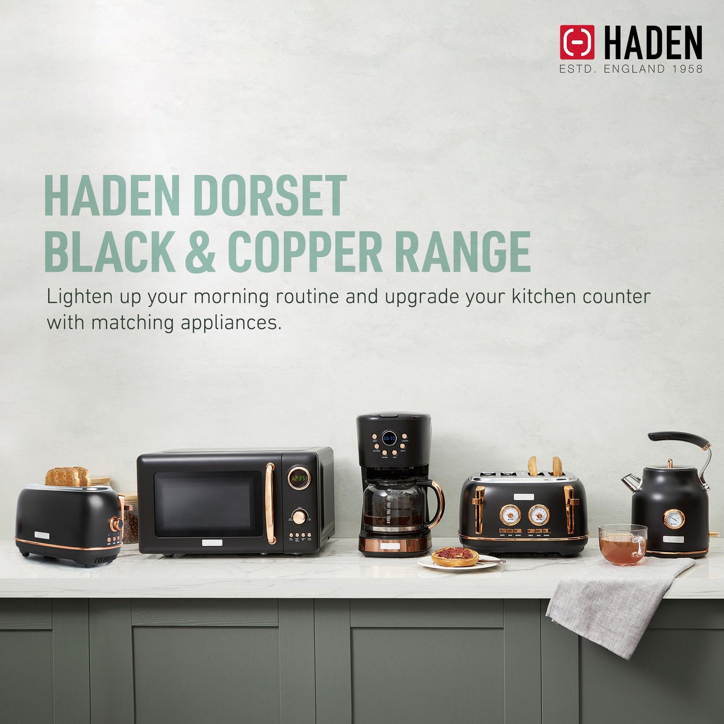 Haden 700W Countertop Microwave & Dorset 1.7L Electric Kettle, Black & Copper