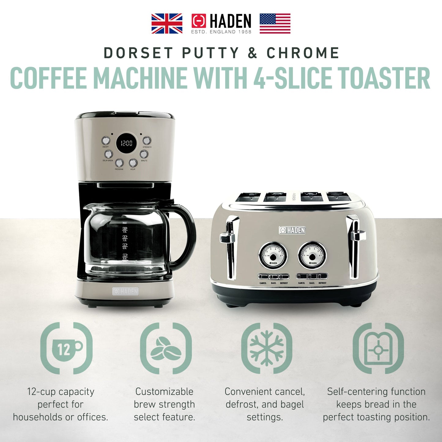 Haden Dorset 12 Cup Coffee Maker & 4 Slice Wide Slot Toaster, Putty & Chrome