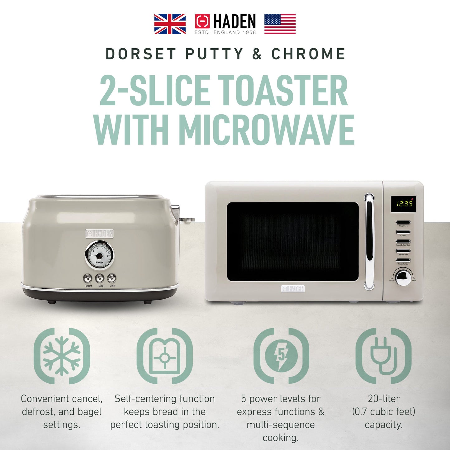 Haden Countertop Microwave & Dorset 2 Slice Wide Slot Toaster, Putty & Chrome