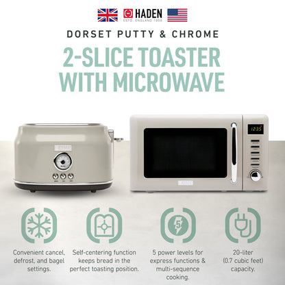 Haden Countertop Microwave & Dorset 2 Slice Wide Slot Toaster, Putty & Chrome