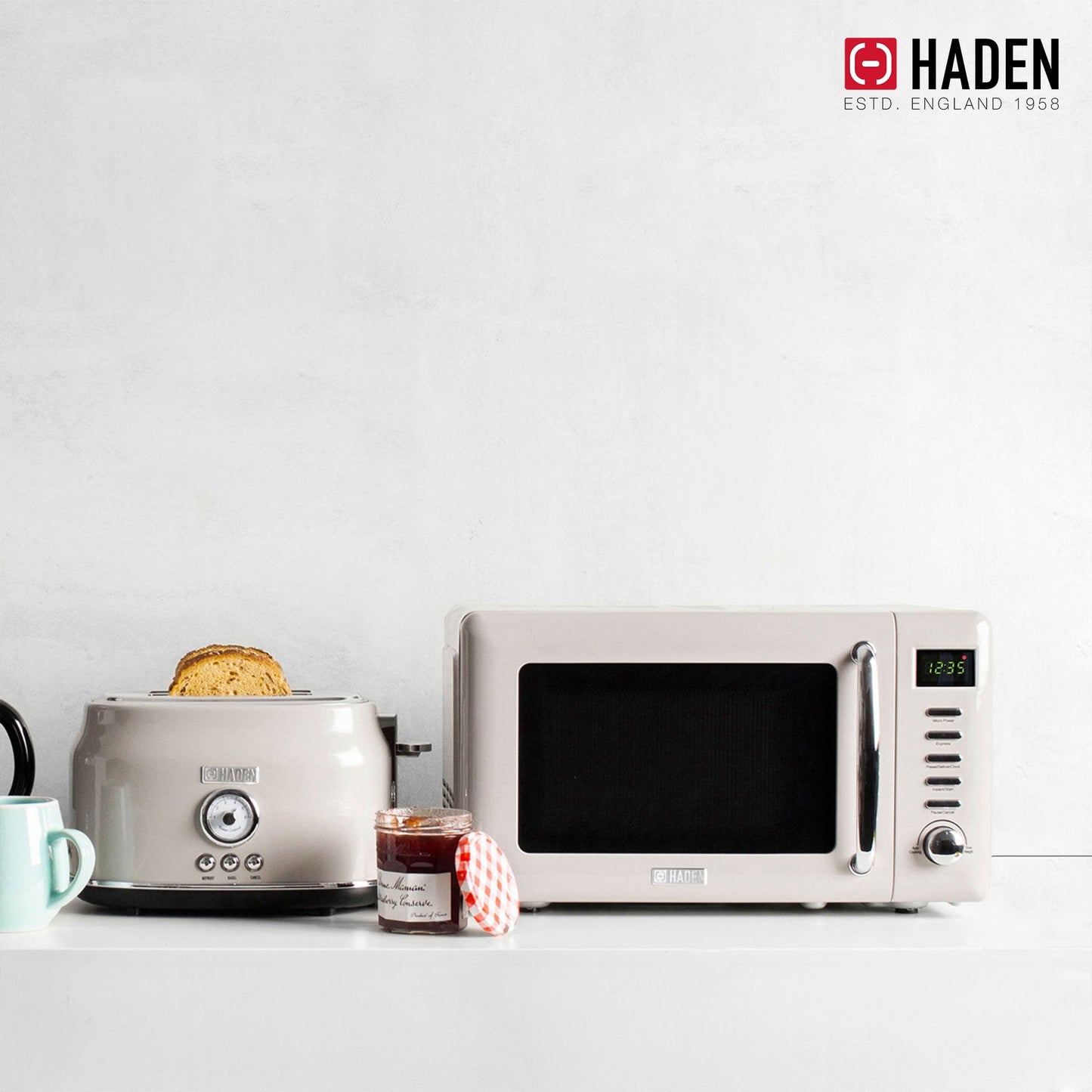 Haden Countertop Microwave & Dorset 2 Slice Wide Slot Toaster, Putty & Chrome