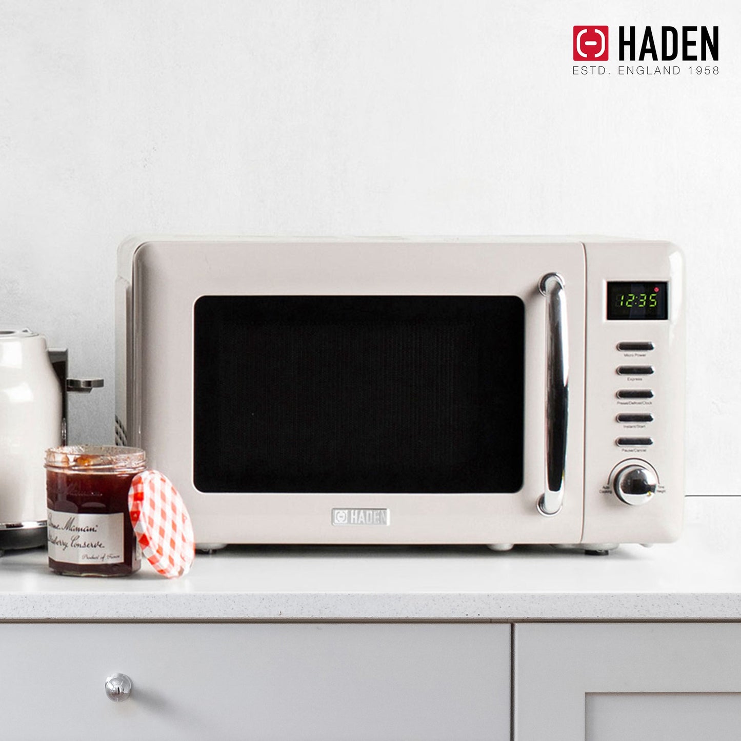 Haden Countertop Microwave & Dorset 2 Slice Wide Slot Toaster, Putty & Chrome