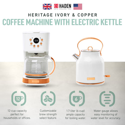 Haden 12 Cup Coffee Maker & Heritage 1.7 Liter Electric Kettle, Ivory & Copper