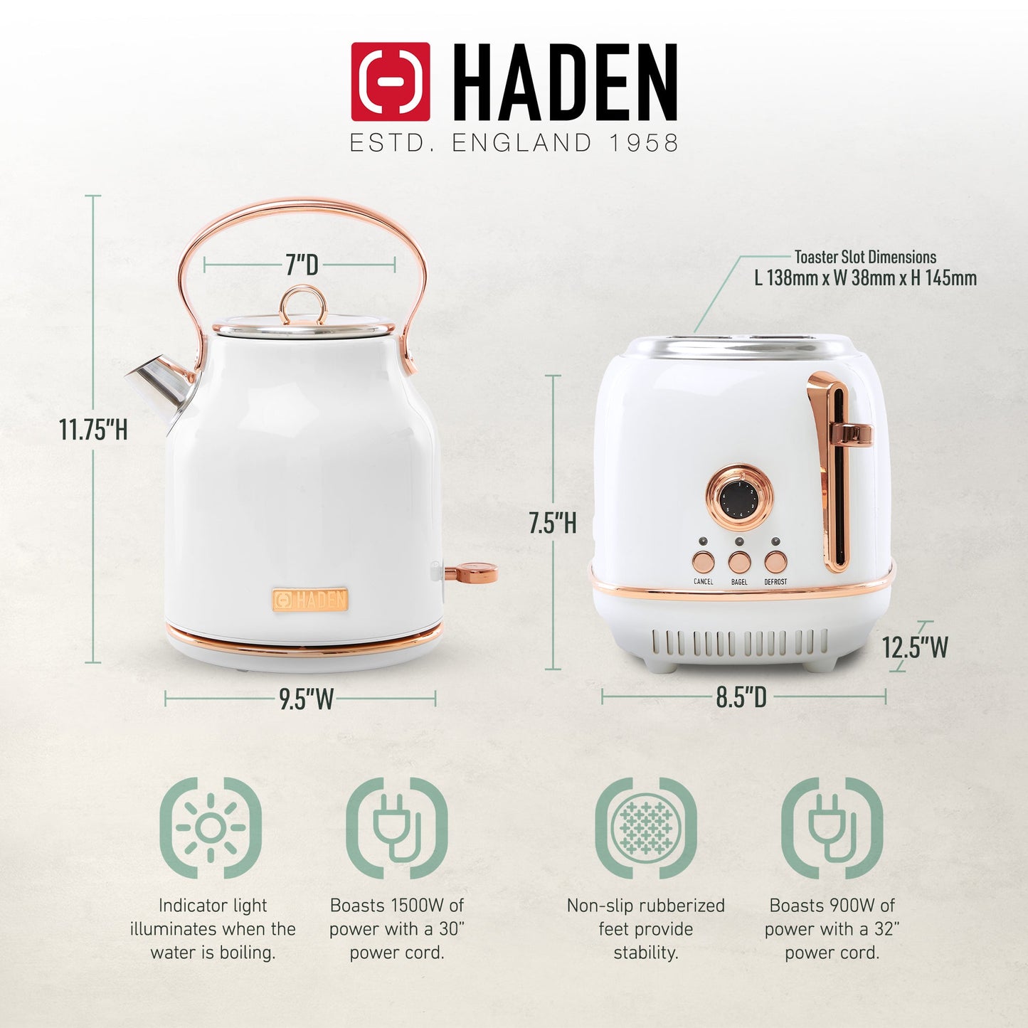 Haden Heritage 2 Slice Wide Slot Toaster & Electric Water Kettle, Ivory & Copper