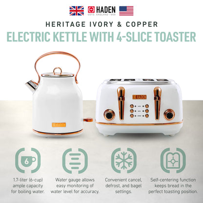 Haden Heritage 4 Slice Wide Slot Toaster & Electric Water Kettle, Ivory & Copper