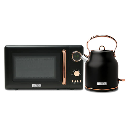 Haden Heritage 1.7L Electric Water Kettle & Compact Microwave, Black & Copper