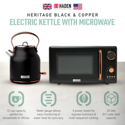Haden Heritage 1.7L Electric Water Kettle & Compact Microwave, Black & Copper