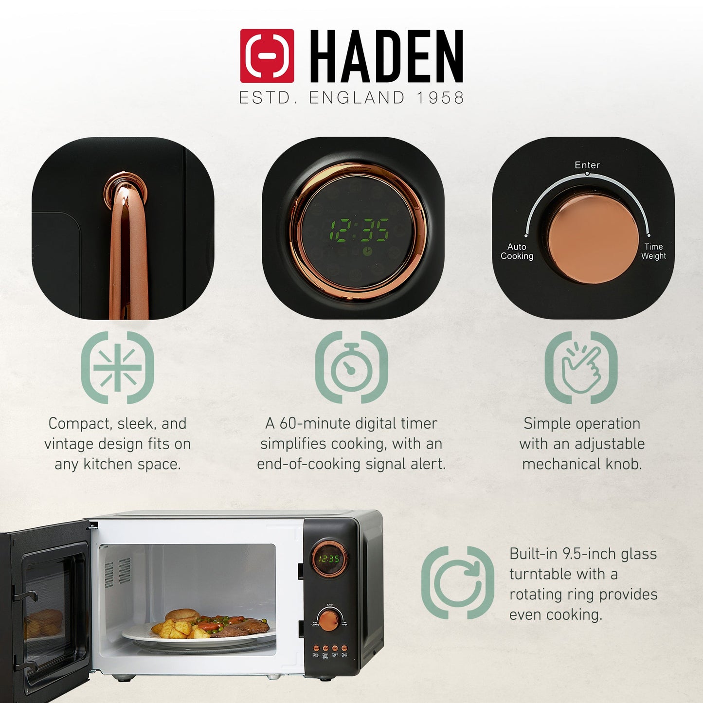 Haden Heritage 1.7L Electric Water Kettle & Compact Microwave, Black & Copper