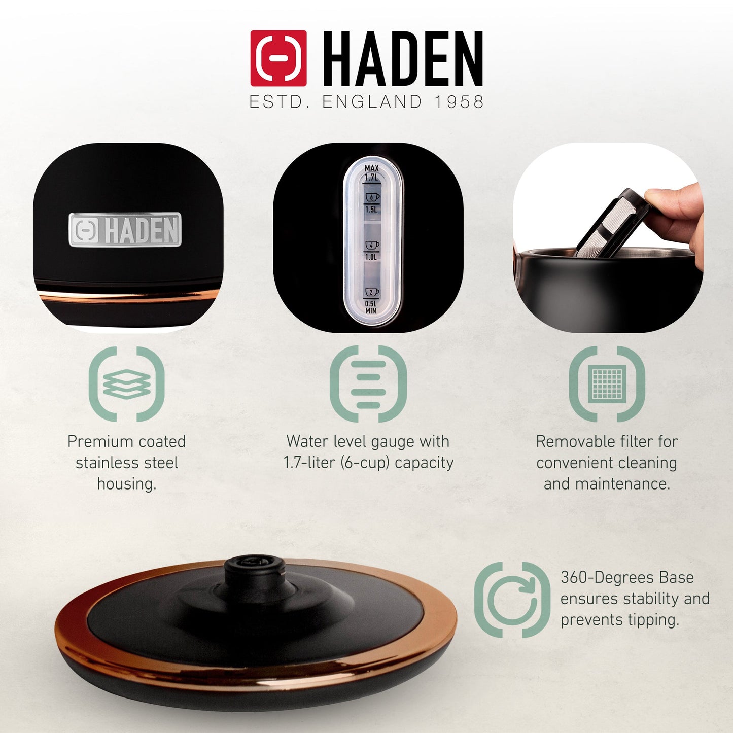 Haden Heritage Electric Water Kettle & 2 Slice Wide Slot Toaster, Black & Copper