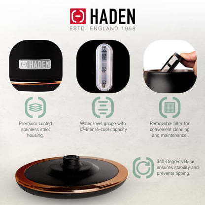 Haden Heritage Electric Water Kettle & 2 Slice Wide Slot Toaster, Black & Copper