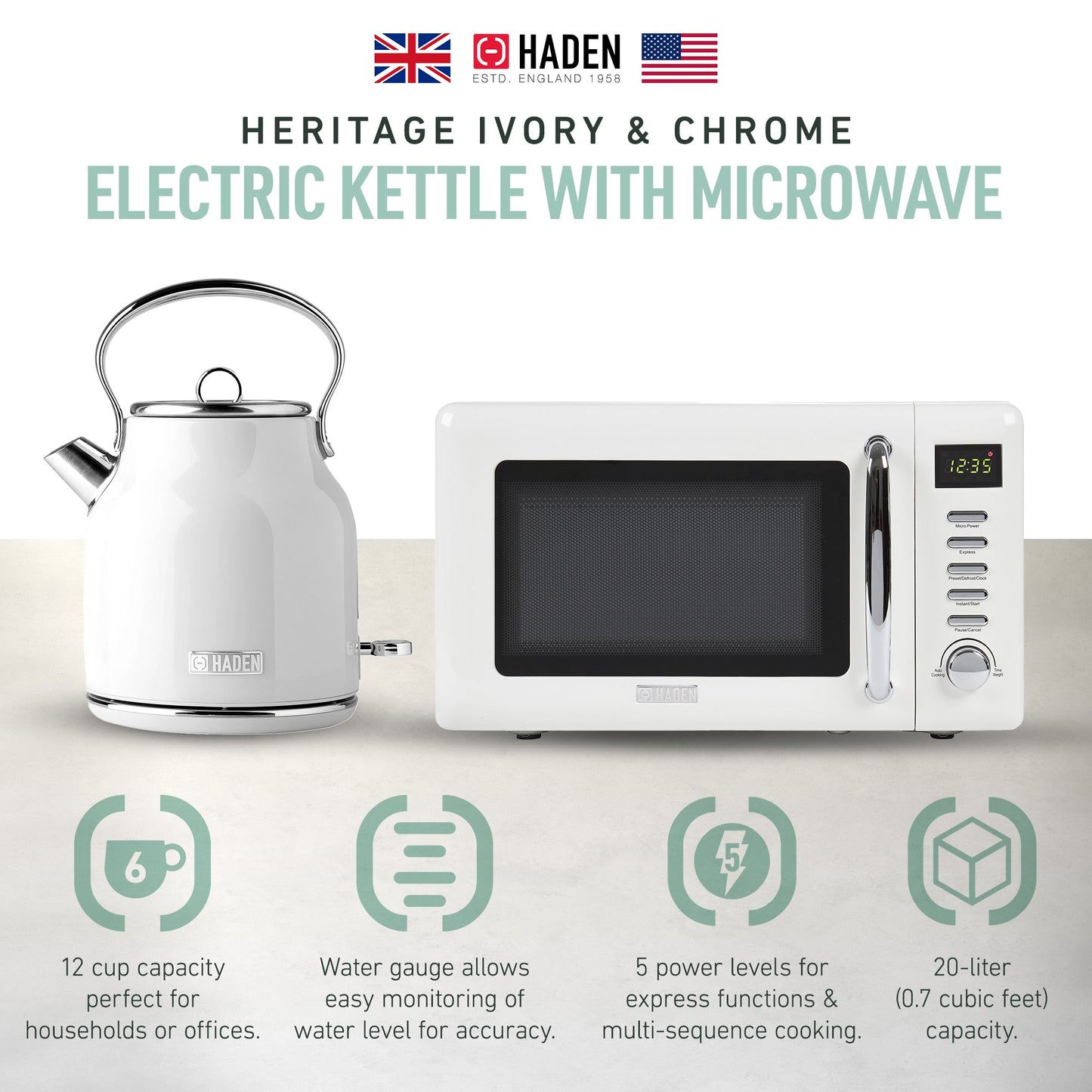 Haden Heritage Compact Microwave & 1.7L Electric Water Kettle, Ivory & Chrome