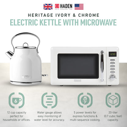 Haden Heritage Compact Microwave & 1.7L Electric Water Kettle, Ivory & Chrome
