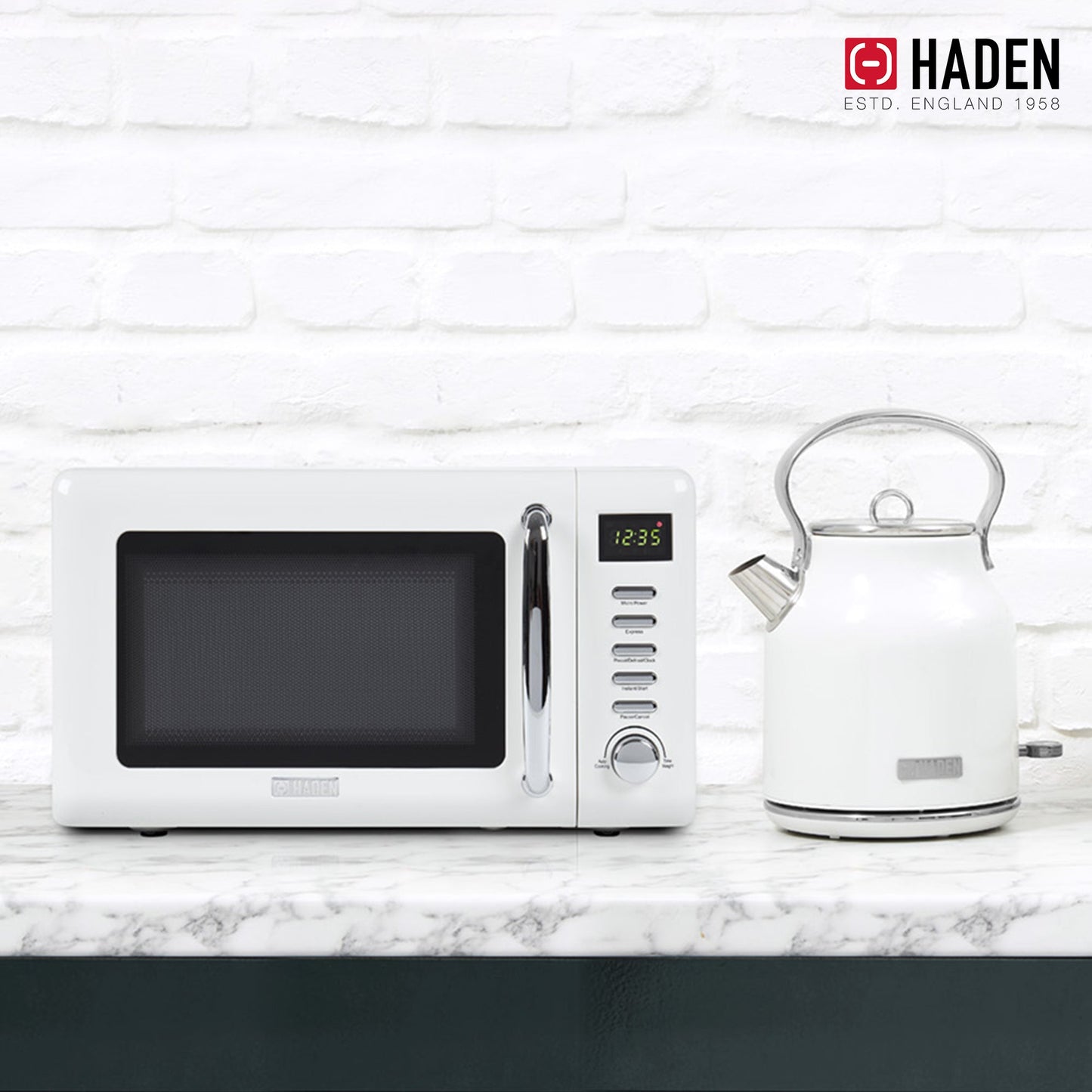 Haden Heritage Compact Microwave & 1.7L Electric Water Kettle, Ivory & Chrome