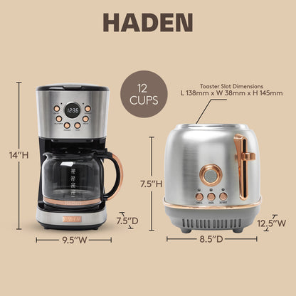 Haden Heritage 12 Cup Coffee Maker & 2 Slice Wide Slot Toaster Set, Steel/Copper