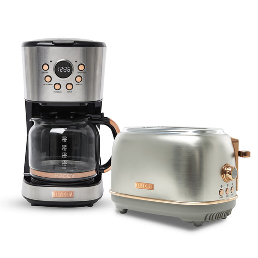 Haden Heritage 12 Cup Coffee Maker & 2 Slice Wide Slot Toaster Set, Steel/Copper